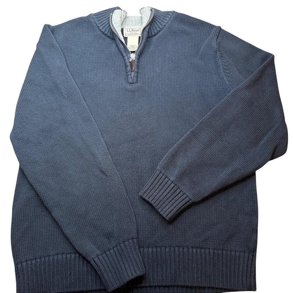 LL Bean Sweater Mens S Blue Quarter Zip Cotton Knit Mock Neck Nautical Coastal